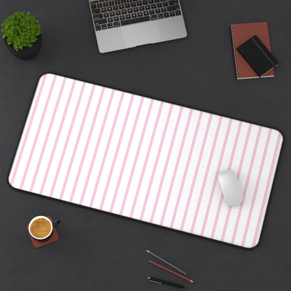 White and Pastel Pink Striped Desk Mat for Cute Office Decor