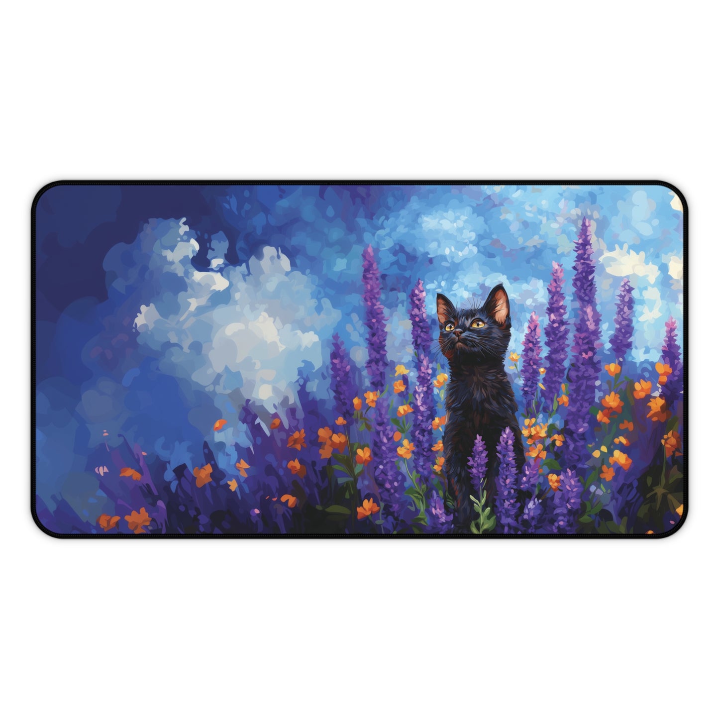 Cat Lavander Desk Mat, Flowers Aesthetic Mouse Pad, Keyboard Mat for Cat Lovers