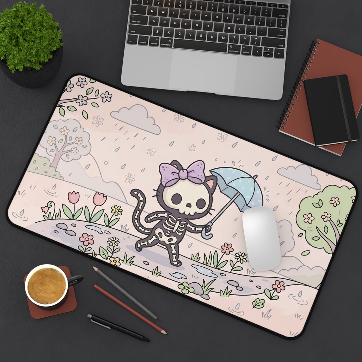 Kawaii skeleton cat desk mat with pastel flowers and clouds, rectangular design