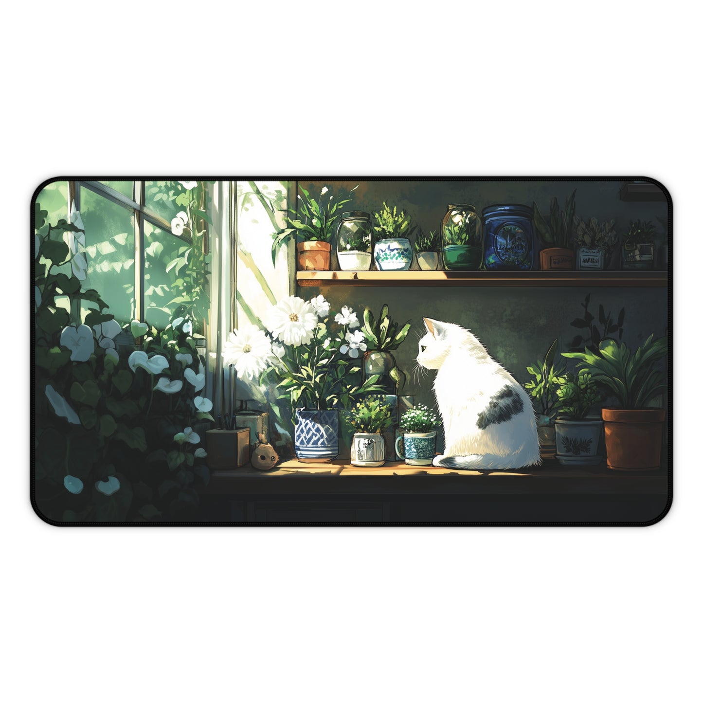 White Cat Desk Mat, Lofi Gaming Mouse Pad XL for Cat Lover