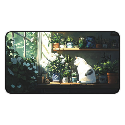 White Cat Desk Mat, Lofi Gaming Mouse Pad XL for Cat Lover