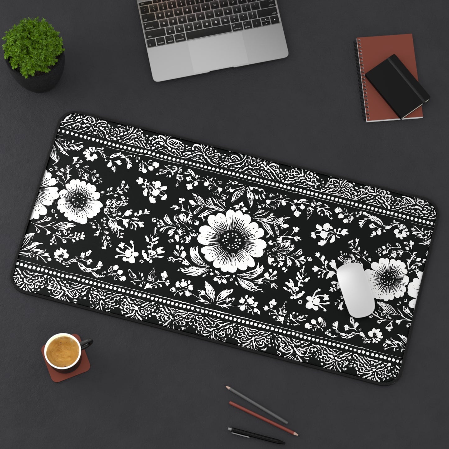 Black Damask Floral Desk Mat: Vintage Mouse Pad XL