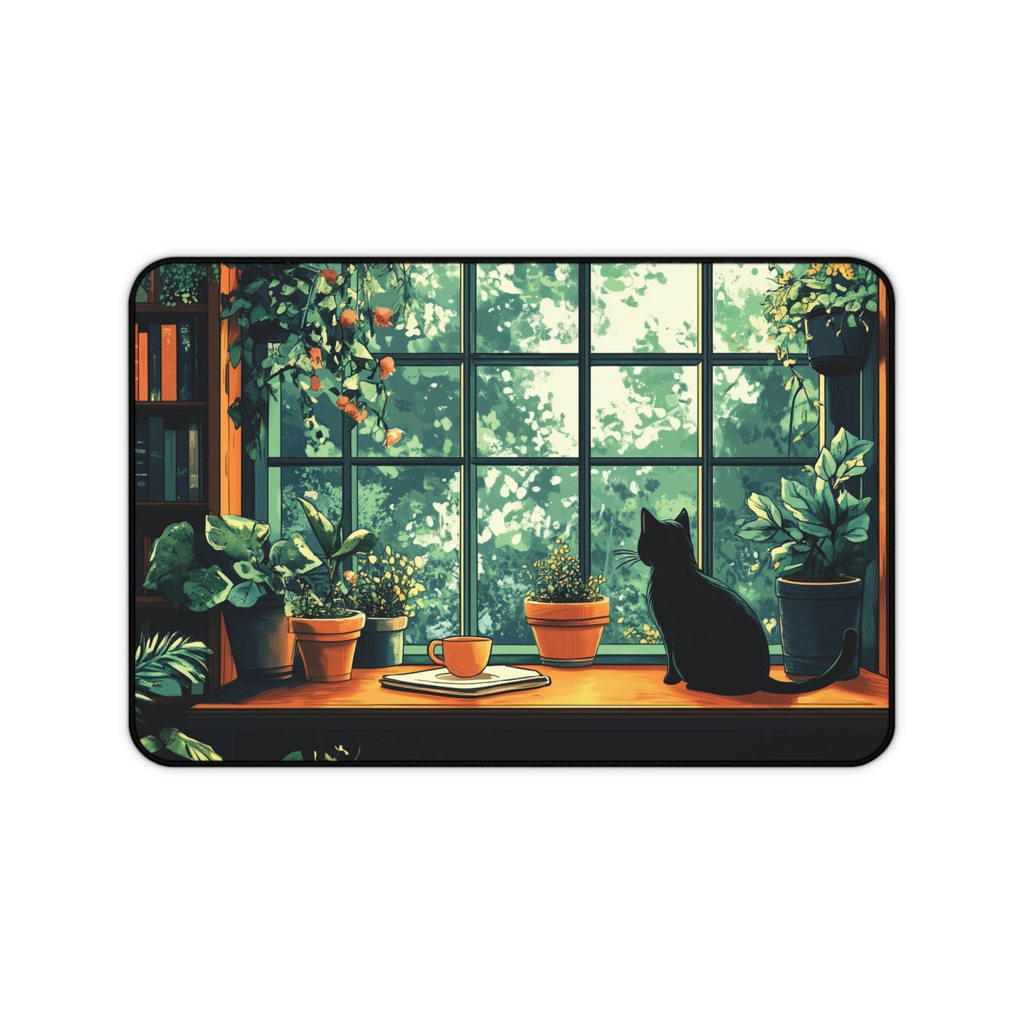Books Plants and Cat Desk Mat, Cozy Large MousePad for Gaming or Office Decor