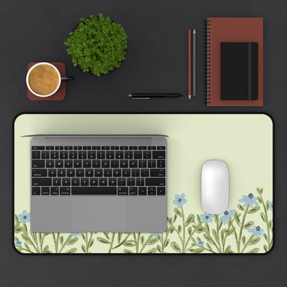 Blue Flower Desk Mat: Forget-Me-Not Meadow on Sage Green