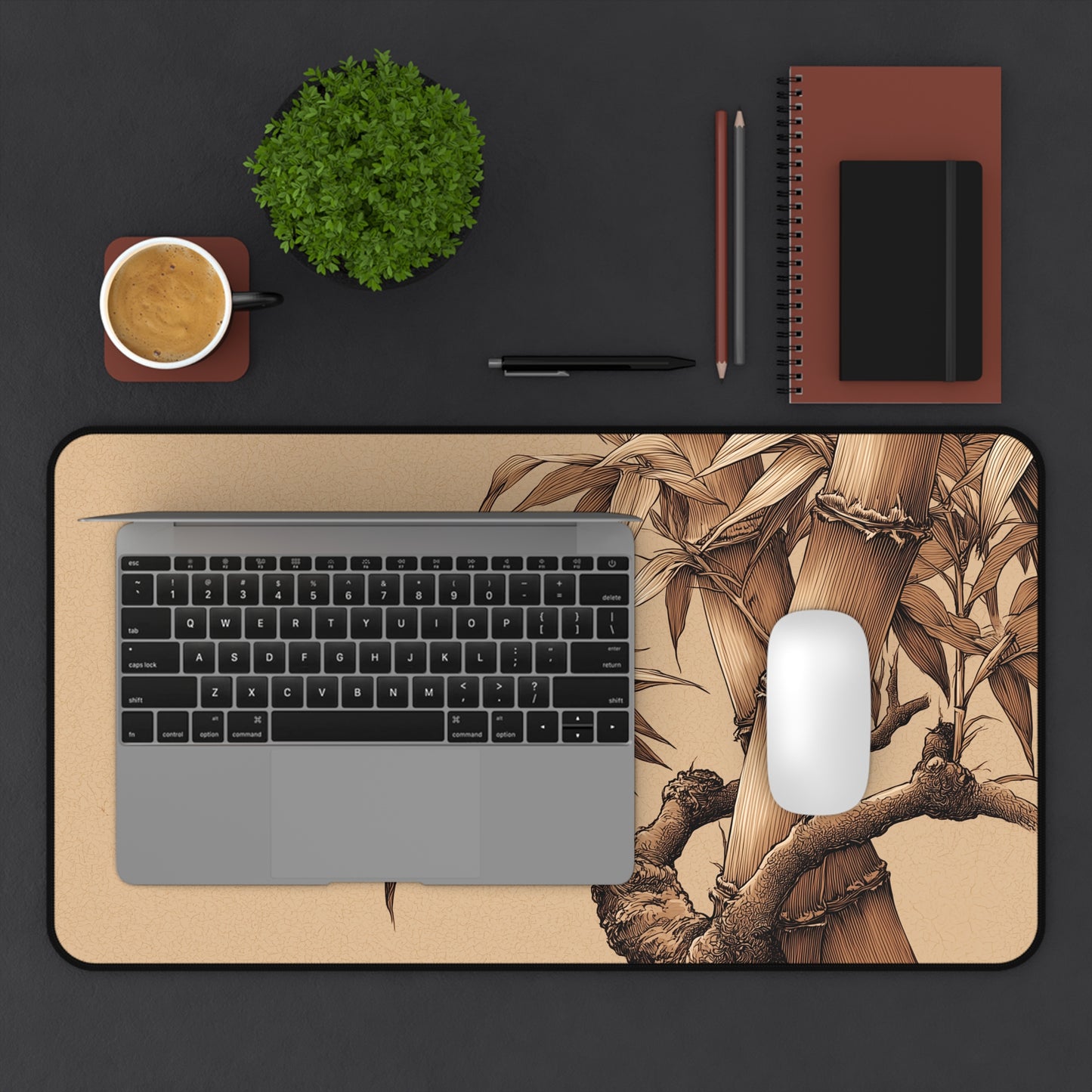 Bamboo Line Art Desk Mat: Beige & Minimalist Zen Mouse Pad