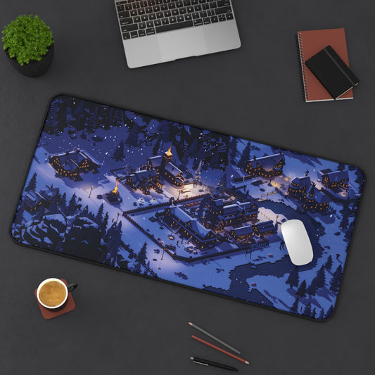 Pixel Art Snowy Winter Village Desk Mat, Christmas Mouse Pad