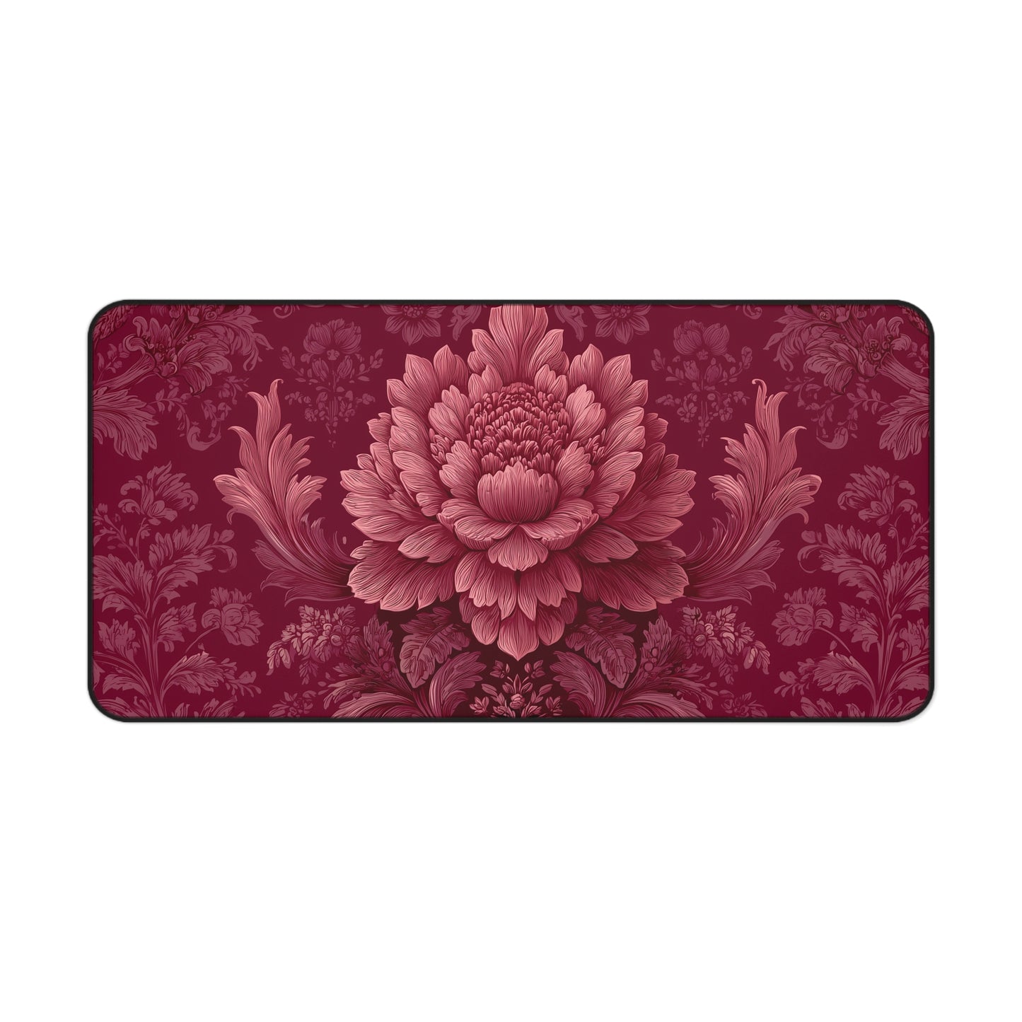 Burgundy Peony Desk Mat: Baroque Damask Floral Design