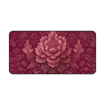 Burgundy Peony Desk Mat: Baroque Damask Floral Design