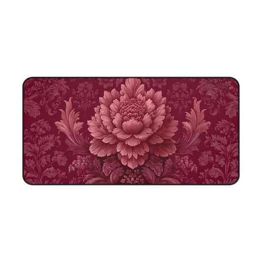 Burgundy Peony Desk Mat: Baroque Damask Floral Design