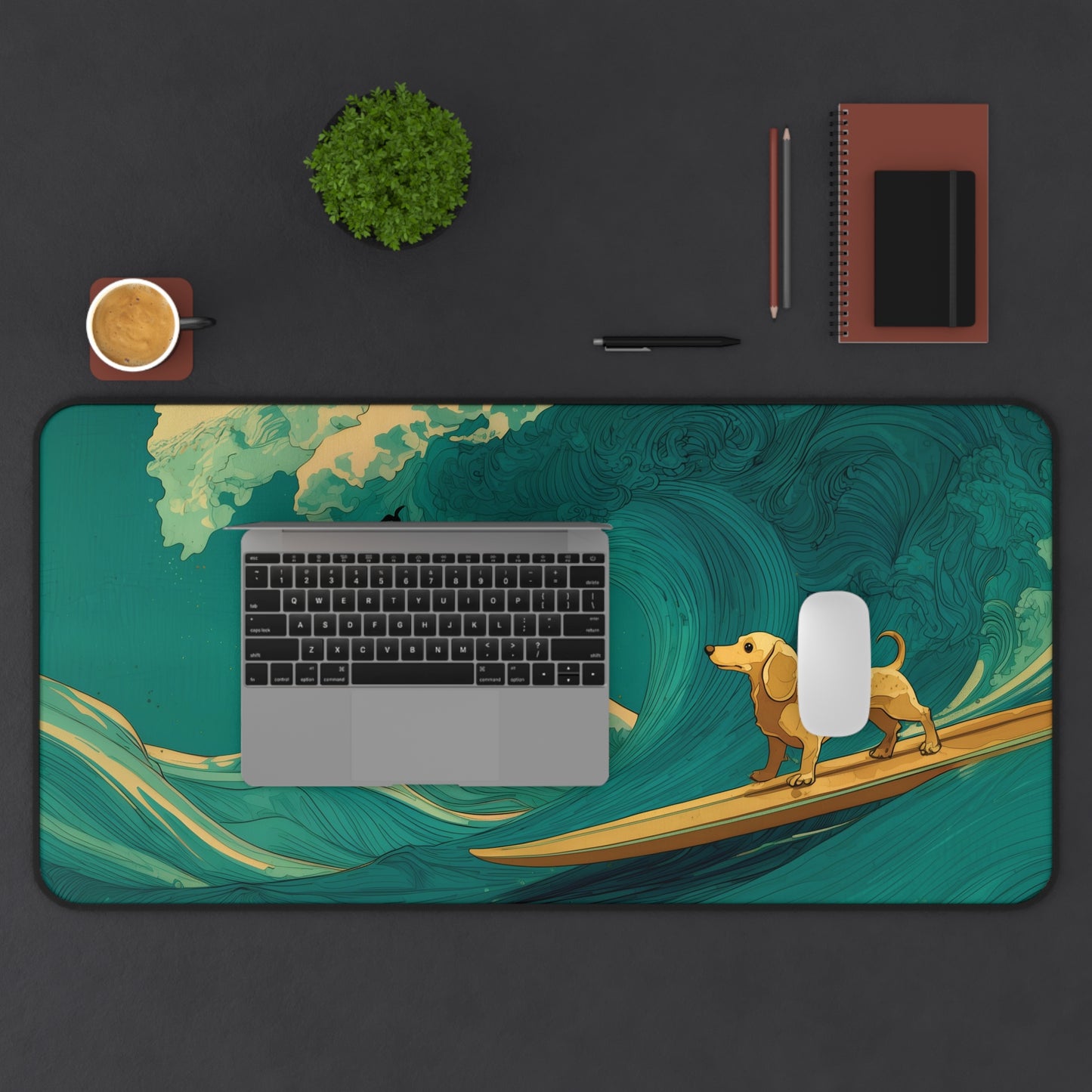 Surfing Dachshund Dog Ocean Wave Desk Mat