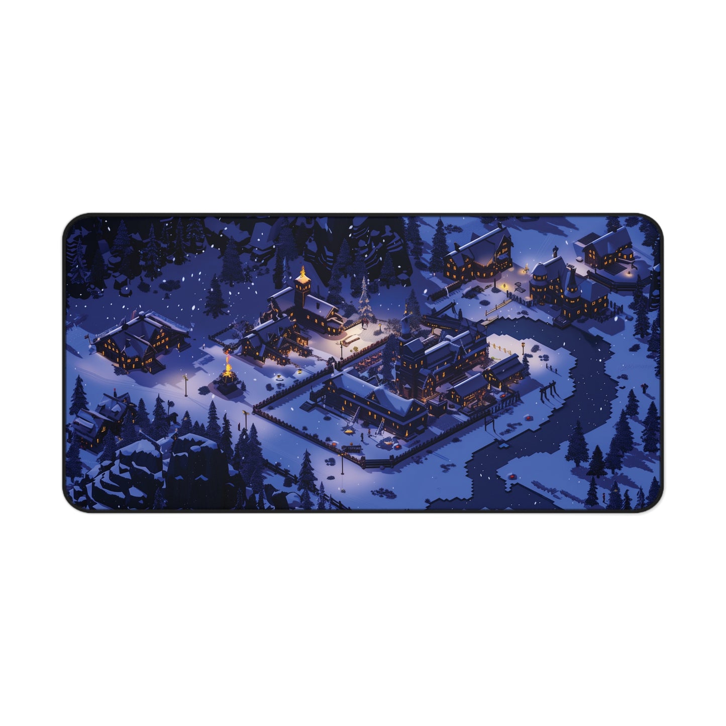 Pixel Art Snowy Winter Village Desk Mat, Christmas Mouse Pad