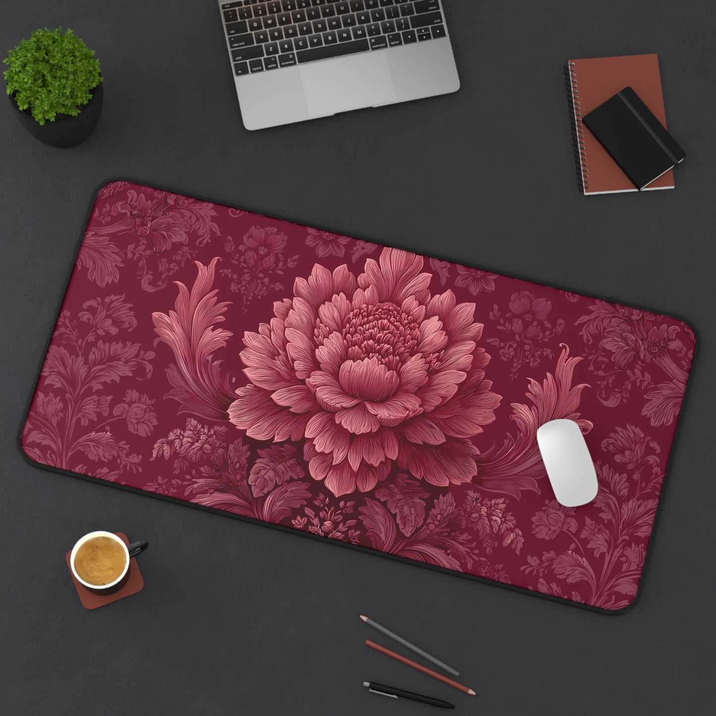 Burgundy Peony Desk Mat: Baroque Damask Floral Design