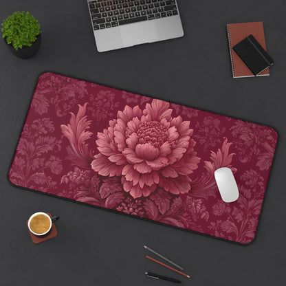 Burgundy Peony Desk Mat: Baroque Damask Floral Design