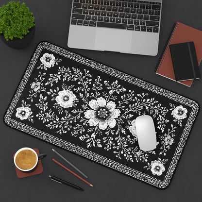 Black Floral Desk Mat: Botanical Folk Art Design