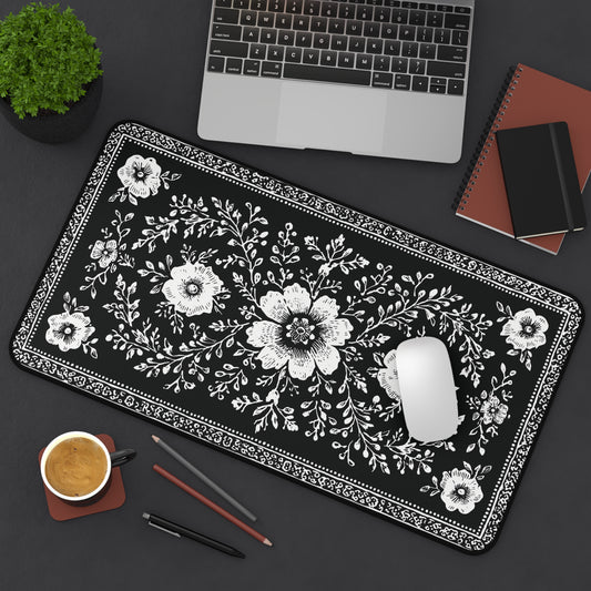 Black Floral Desk Mat: Botanical Folk Art Design