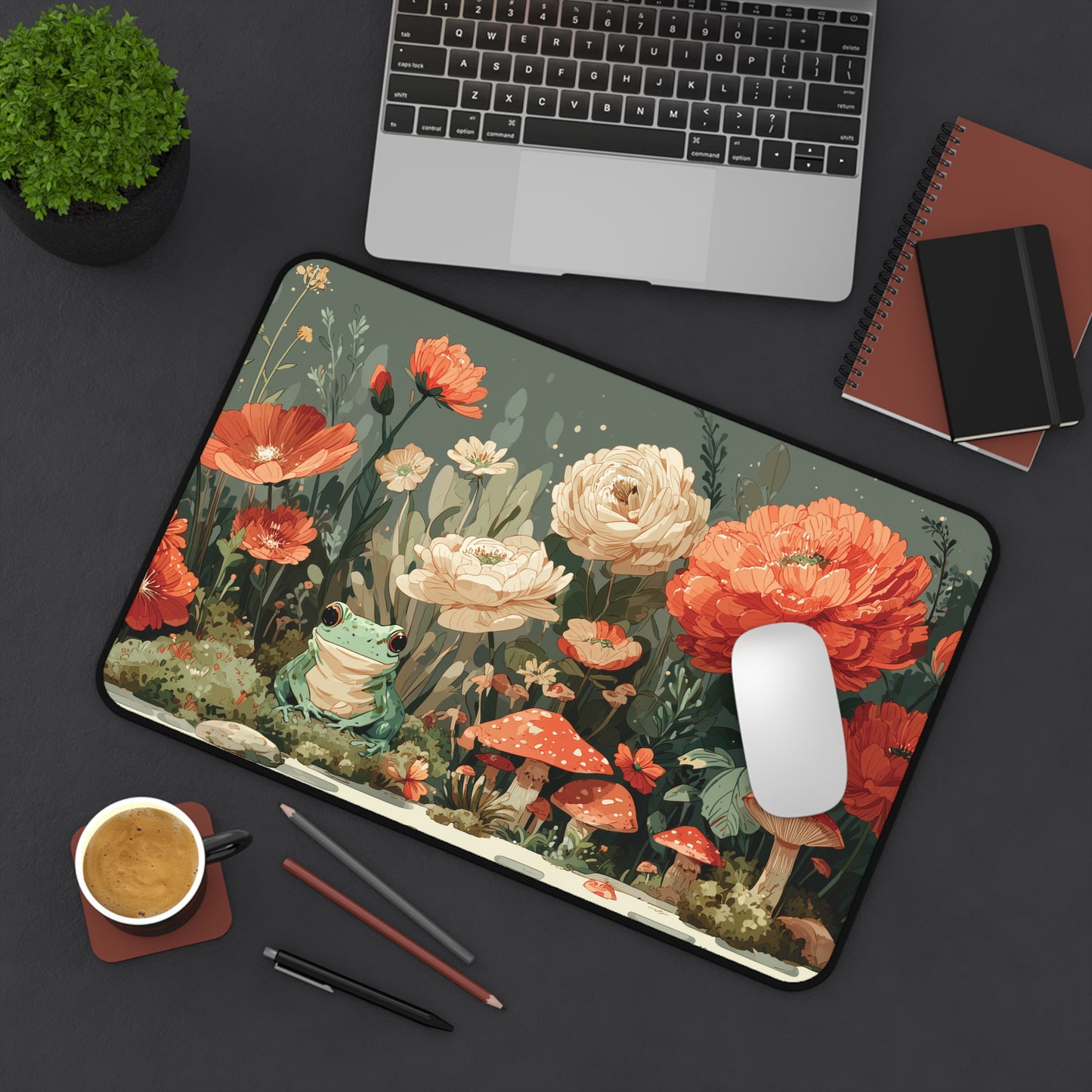 Whimsical Frog and Mushroom Desk Mat XL