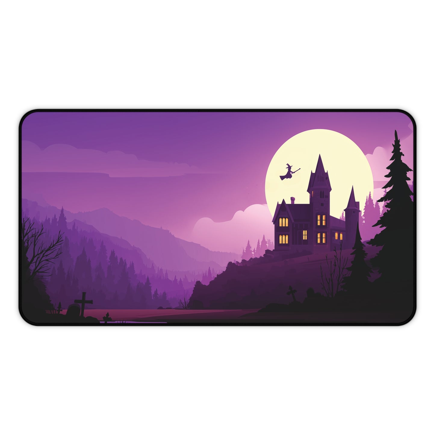 A rectangular desk mat with rounded corners featuring a spooky Halloween landscape illustration. The design shows a purple and pink twilight sky with a large pale yellow full moon, a dark haunted house with glowing windows on a hill, silhouetted pine trees, mountains, and a witch riding a broomstick in the sky.