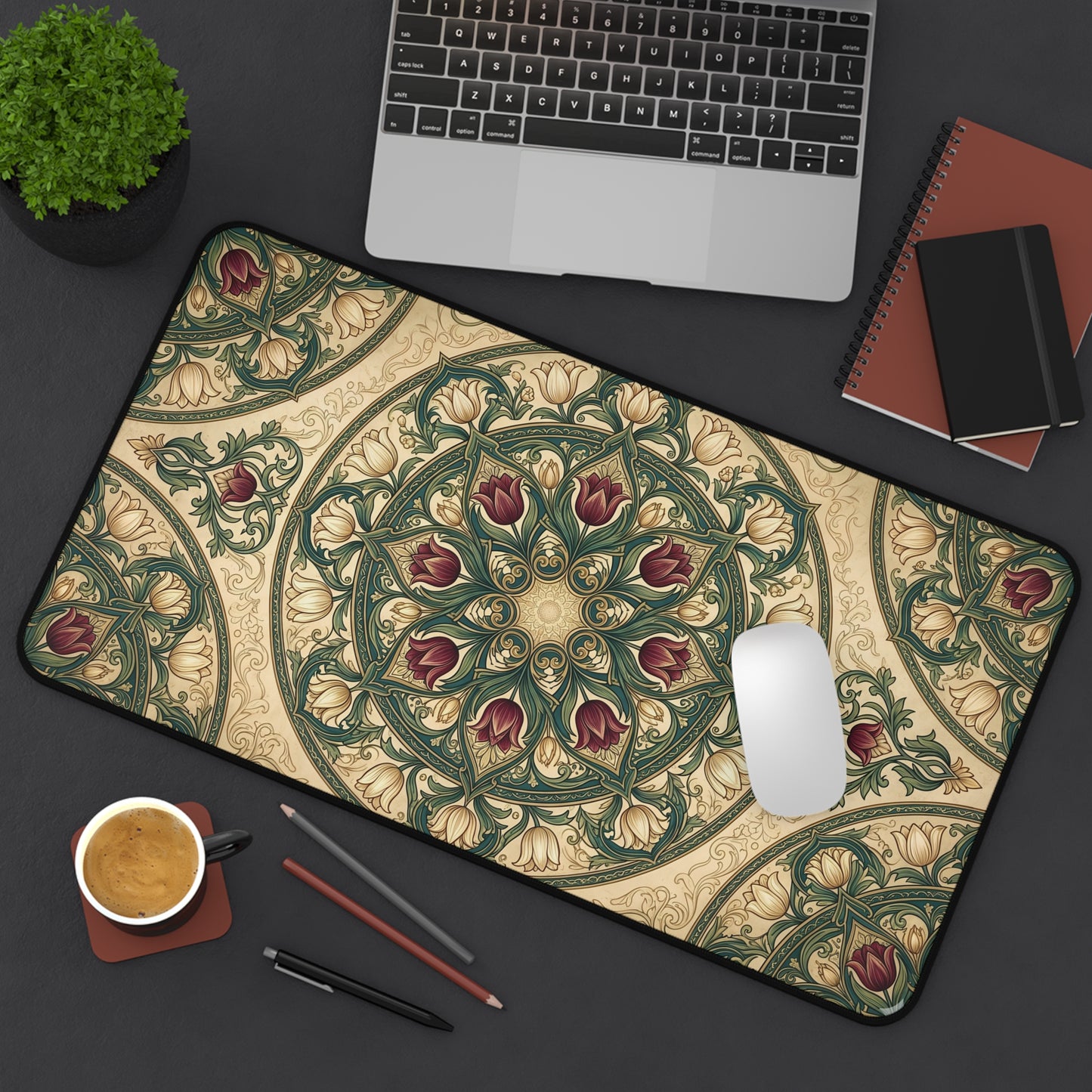 Art Nouveau Tulip Desk Mat: Vintage Tapestry Mandala Mouse Pad