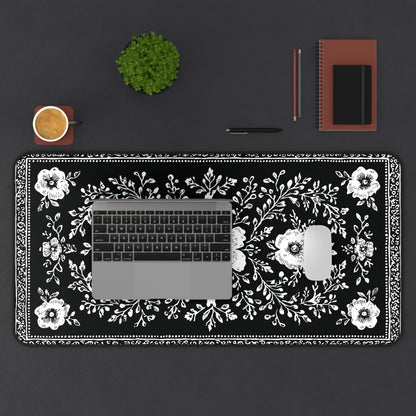 Black Floral Desk Mat: Botanical Folk Art Design