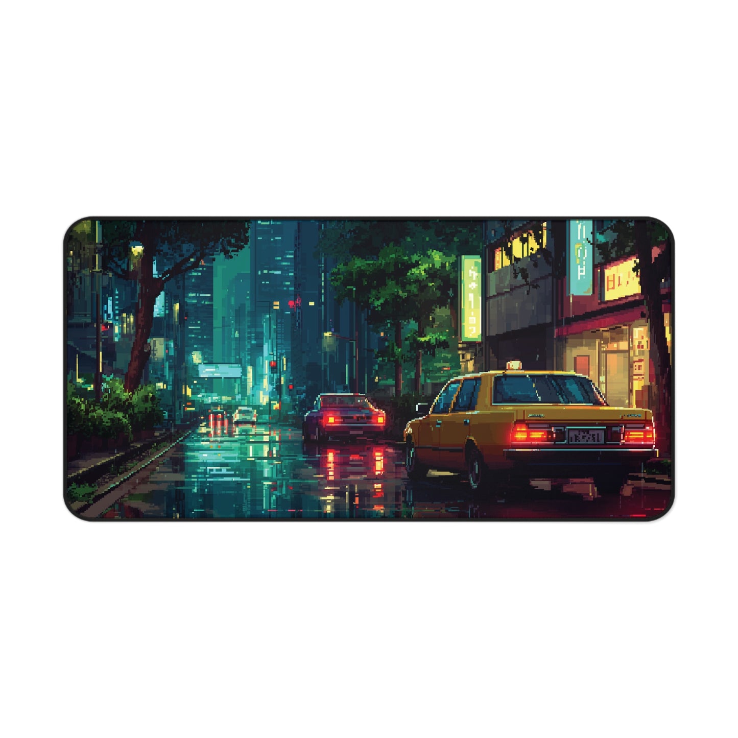 Pixel Art Desk Mat: Rainy Neon City Mouse Pad