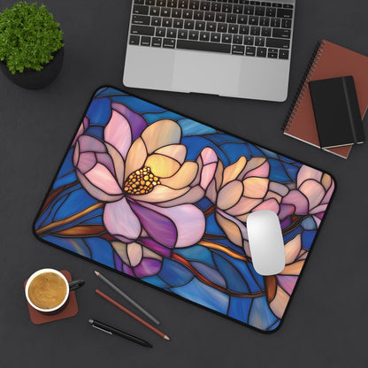 Stained Glass Style Magnolia Desk Mat: Pink & Blue Floral MousePad