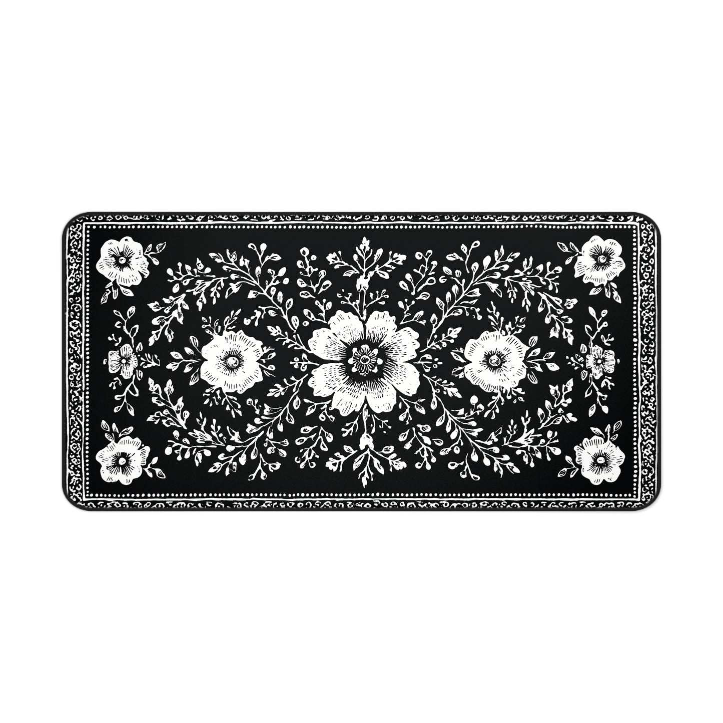 Black Floral Desk Mat: Botanical Folk Art Design