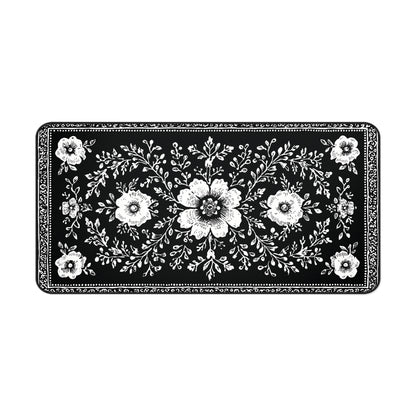 Black Floral Desk Mat: Botanical Folk Art Design