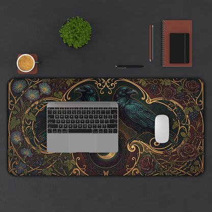 A rectangular desk mat with an ornate Victorian-style illustration of two crows, roses, and gold filigree, shown on a dark gray desk with a laptop, mouse, notebook, and small plant.