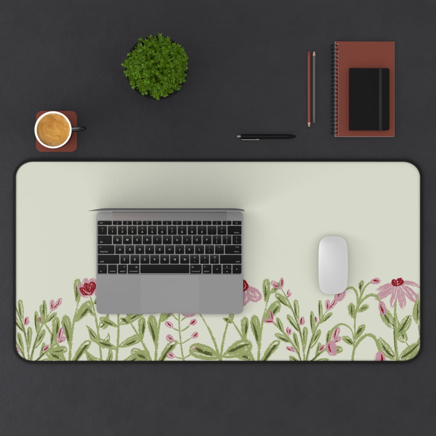 Pink Flower Desk Mat: Wildflower Meadow on Sage Green