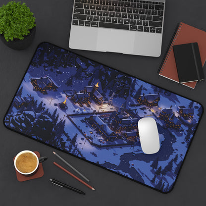 Pixel Art Snowy Winter Village Desk Mat, Christmas Mouse Pad