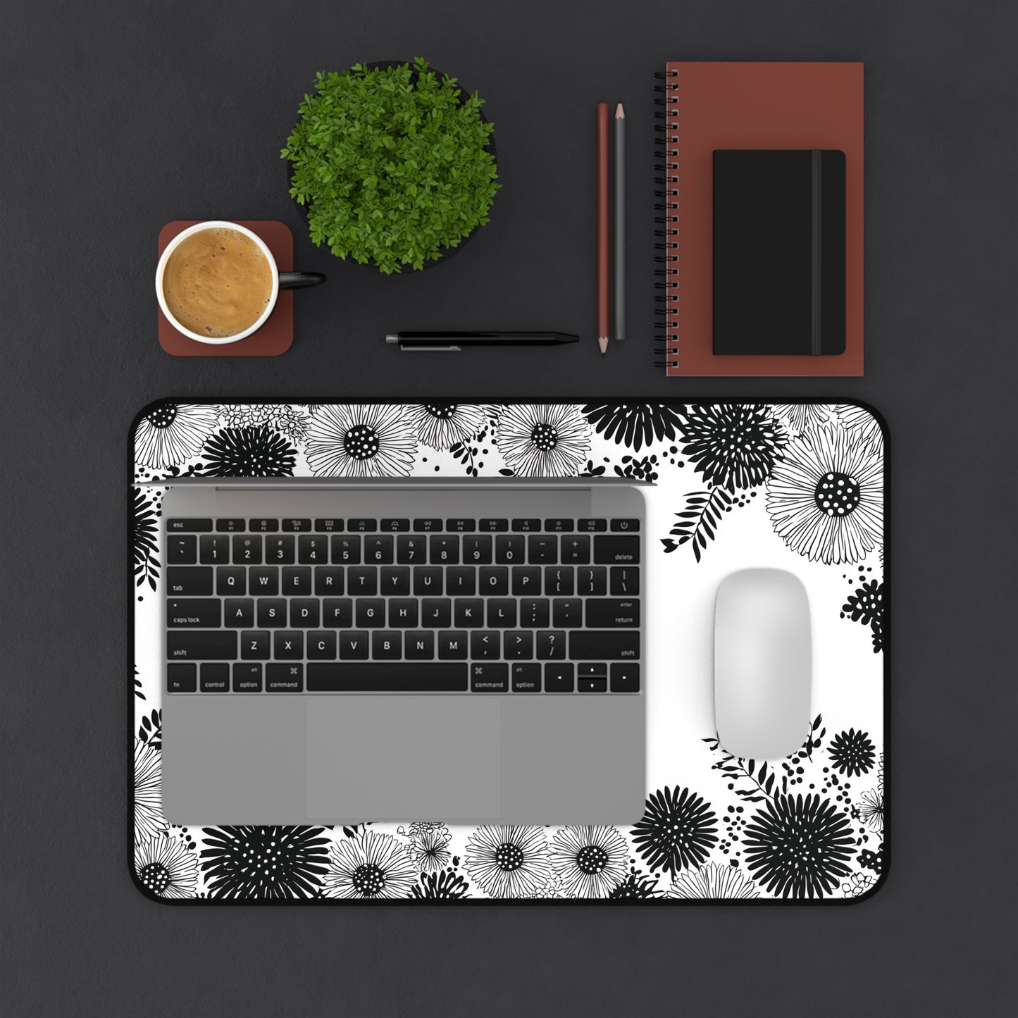 White Floral Desk Mat: Black Ink Flower Border Design