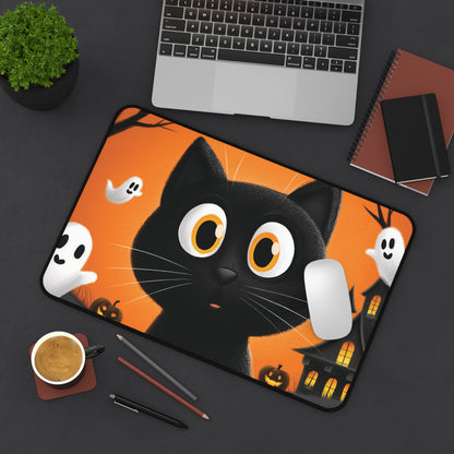 Spooky Black Cat with Ghosts Desk Mat for Halloween