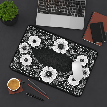 Black & White Floral Desk Mat: Hand-Drawn Botanical Mouse Pad