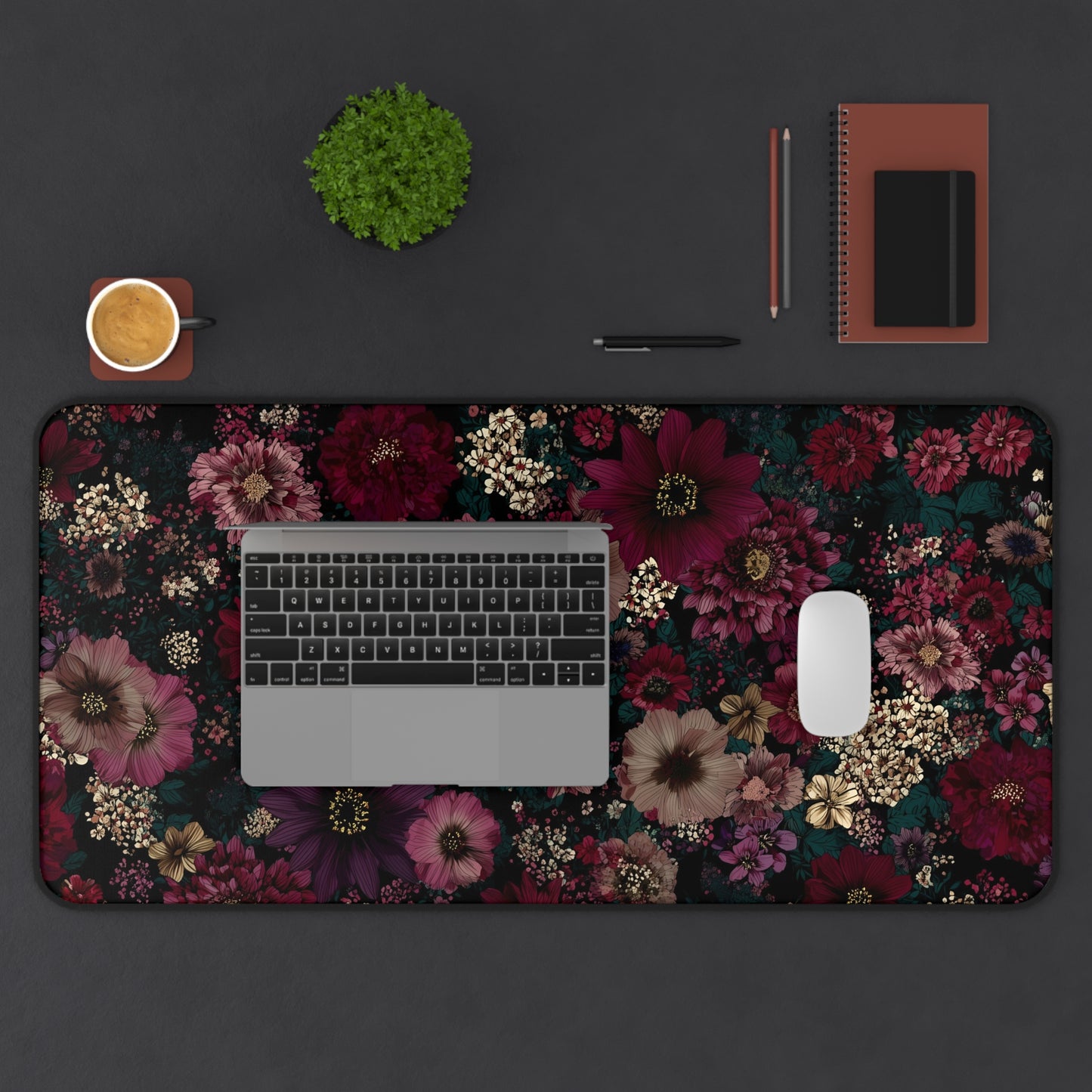 Dark Floral Desk Mat: Moody Burgundy & Plum Flower Print