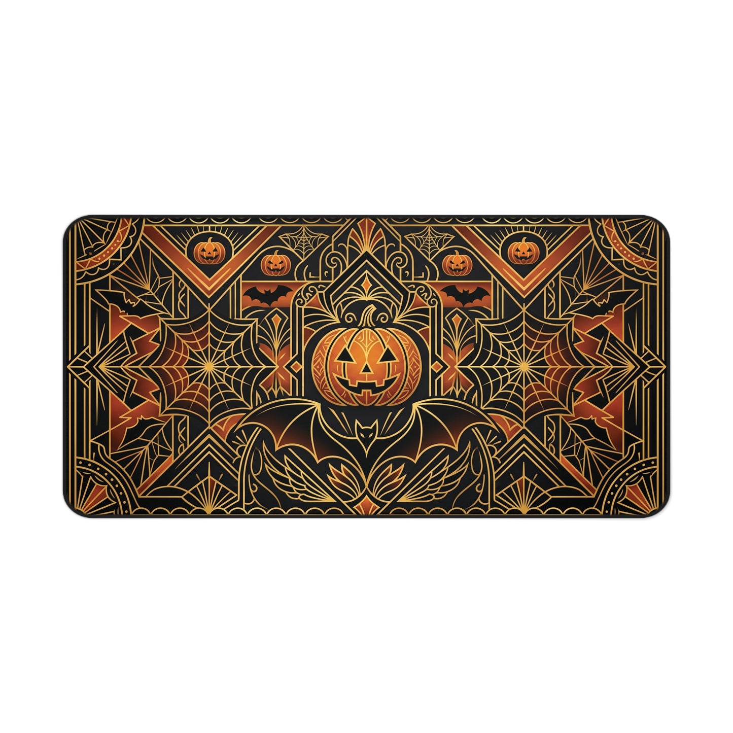Halloween desk mat with art deco pumpkin, spiderweb, and leaf pattern in gold on black