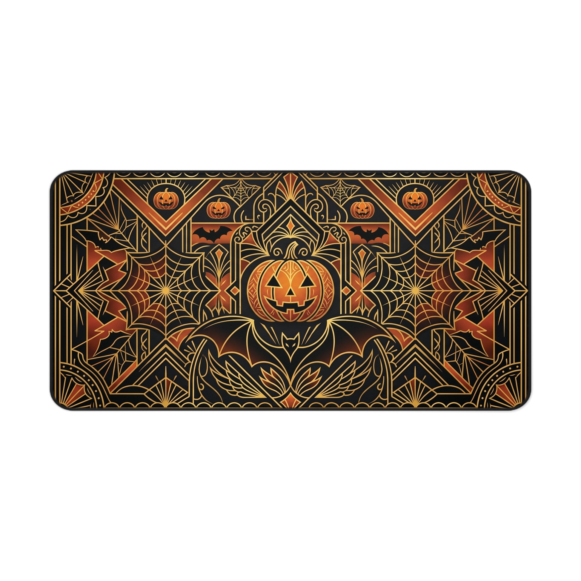 Halloween desk mat with art deco pumpkin, spiderweb, and leaf pattern in gold on black