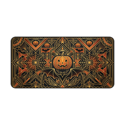Halloween desk mat with art deco pumpkin, spiderweb, and leaf pattern in gold on black