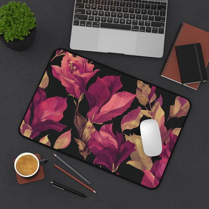 Magenta Lily Desk Mat: Burgundy & Gold Botanical on Black
