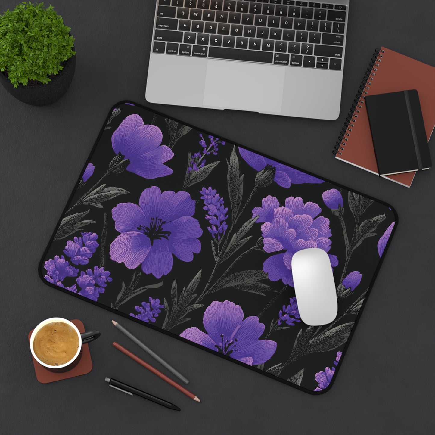 Floral Desk Mat Purple Moody, Gothic Flowers Mouse Pad