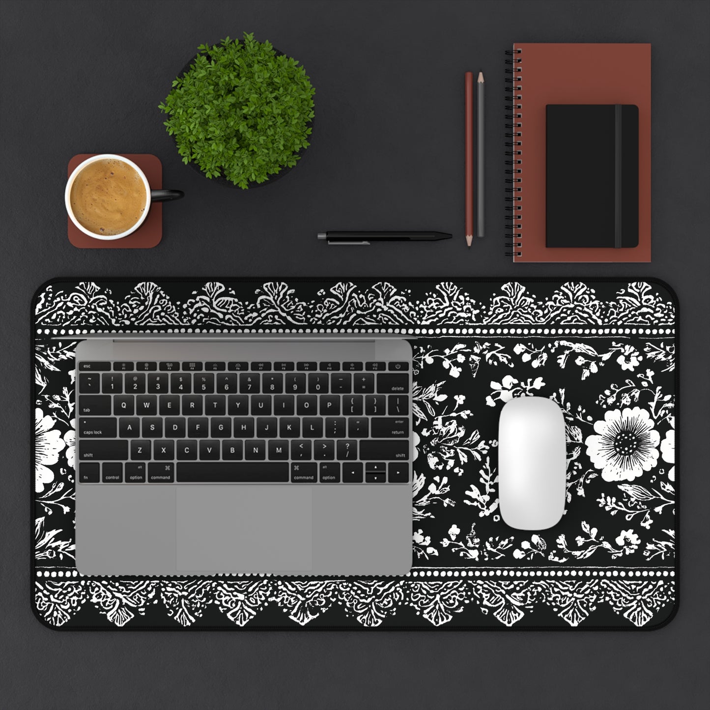 Black Damask Floral Desk Mat: Vintage Mouse Pad XL