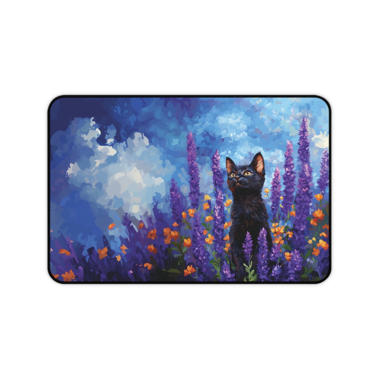 Cat Lavander Desk Mat, Flowers Aesthetic Mouse Pad, Keyboard Mat for Cat Lovers