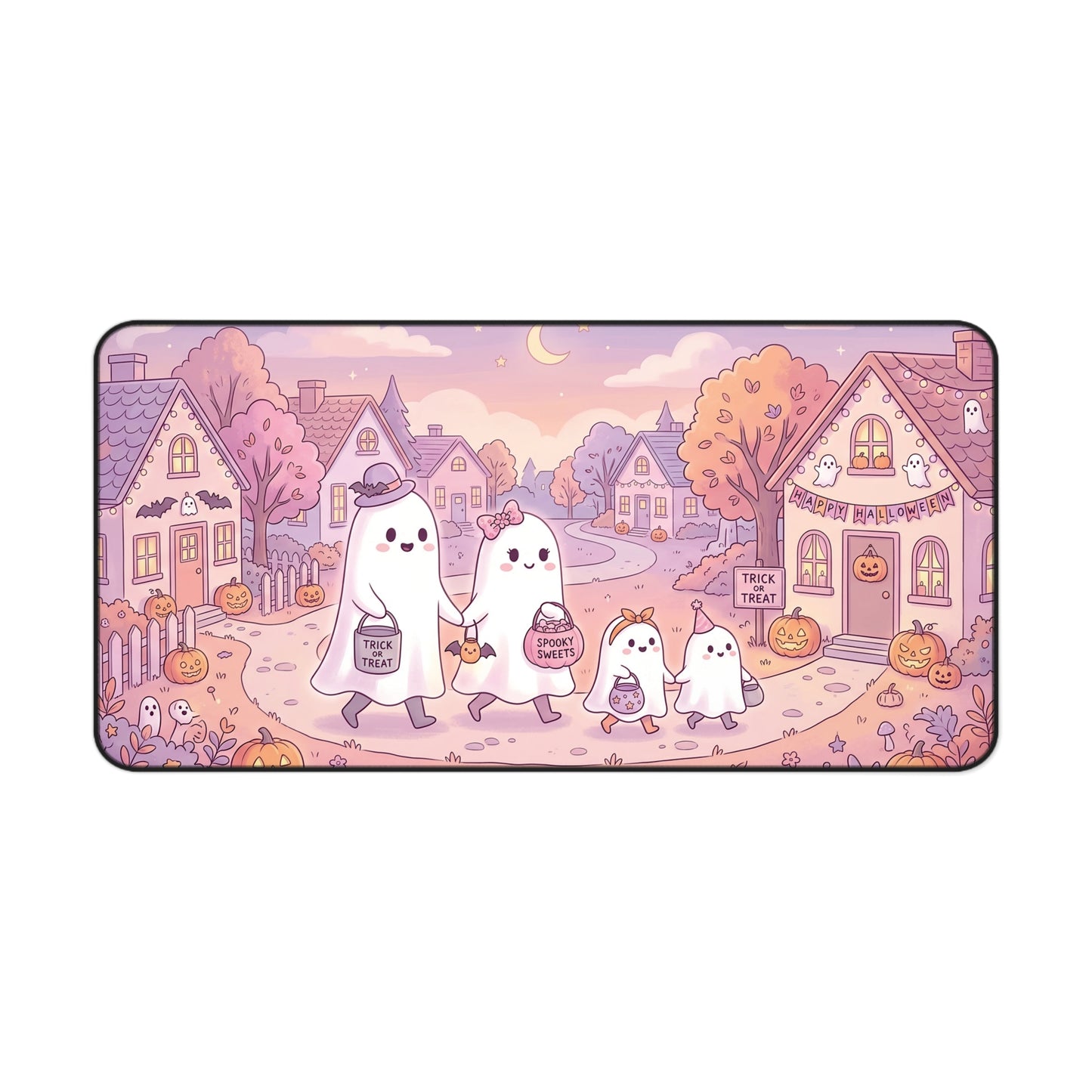 Cute Halloween desk mat with kawaii ghost family, pink town scene, rounded corners