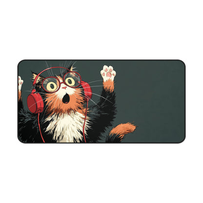 Cat with Headphones Desk Mat: Funny Calico Cat Mouse Pad