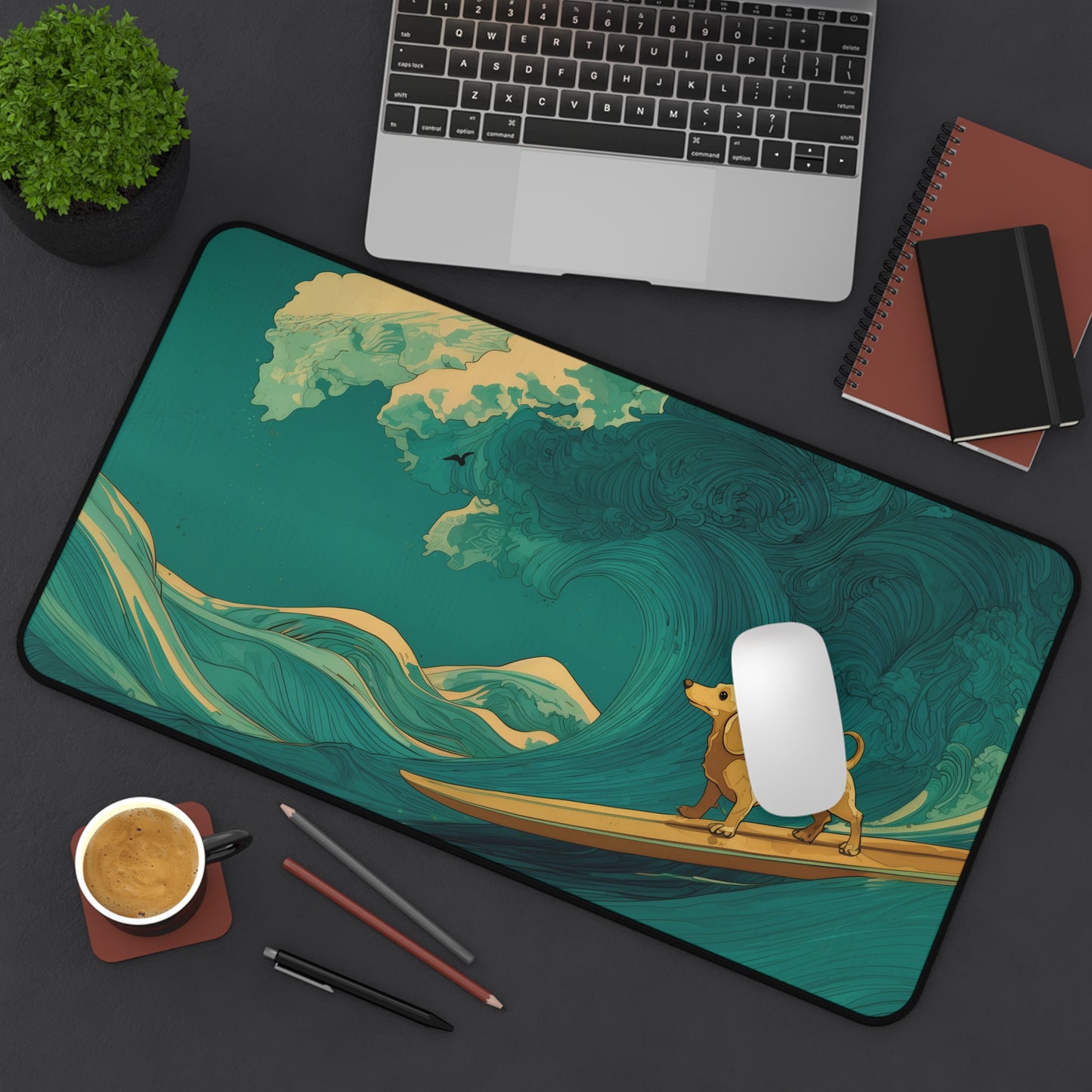 Surfing Dachshund Dog Ocean Wave Desk Mat