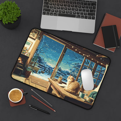 Winter Cat Desk Mat, Snowy Mouse Pad for Cat Lovers