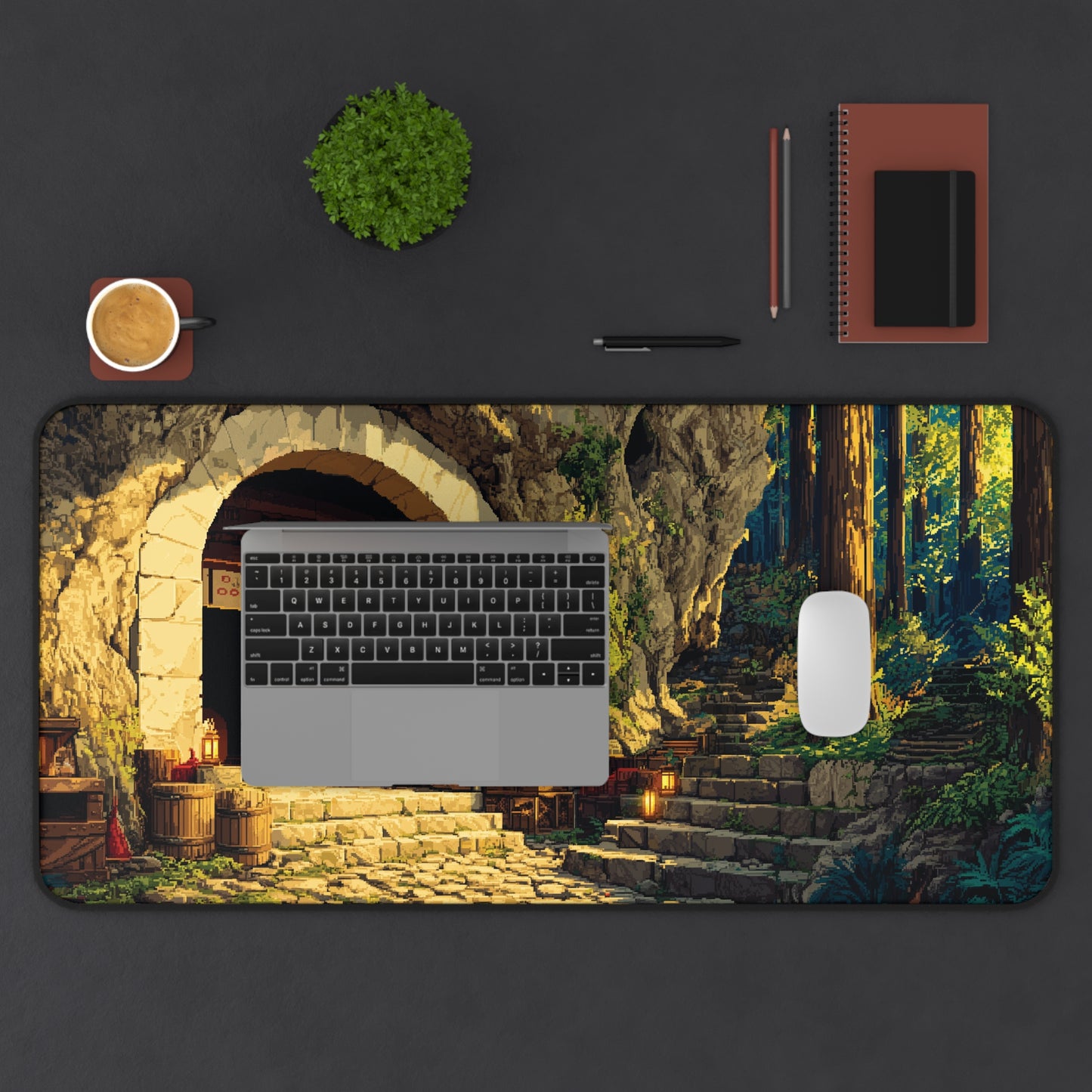 Pixel Art Desk Mat: Forest Cave Mouse Pad