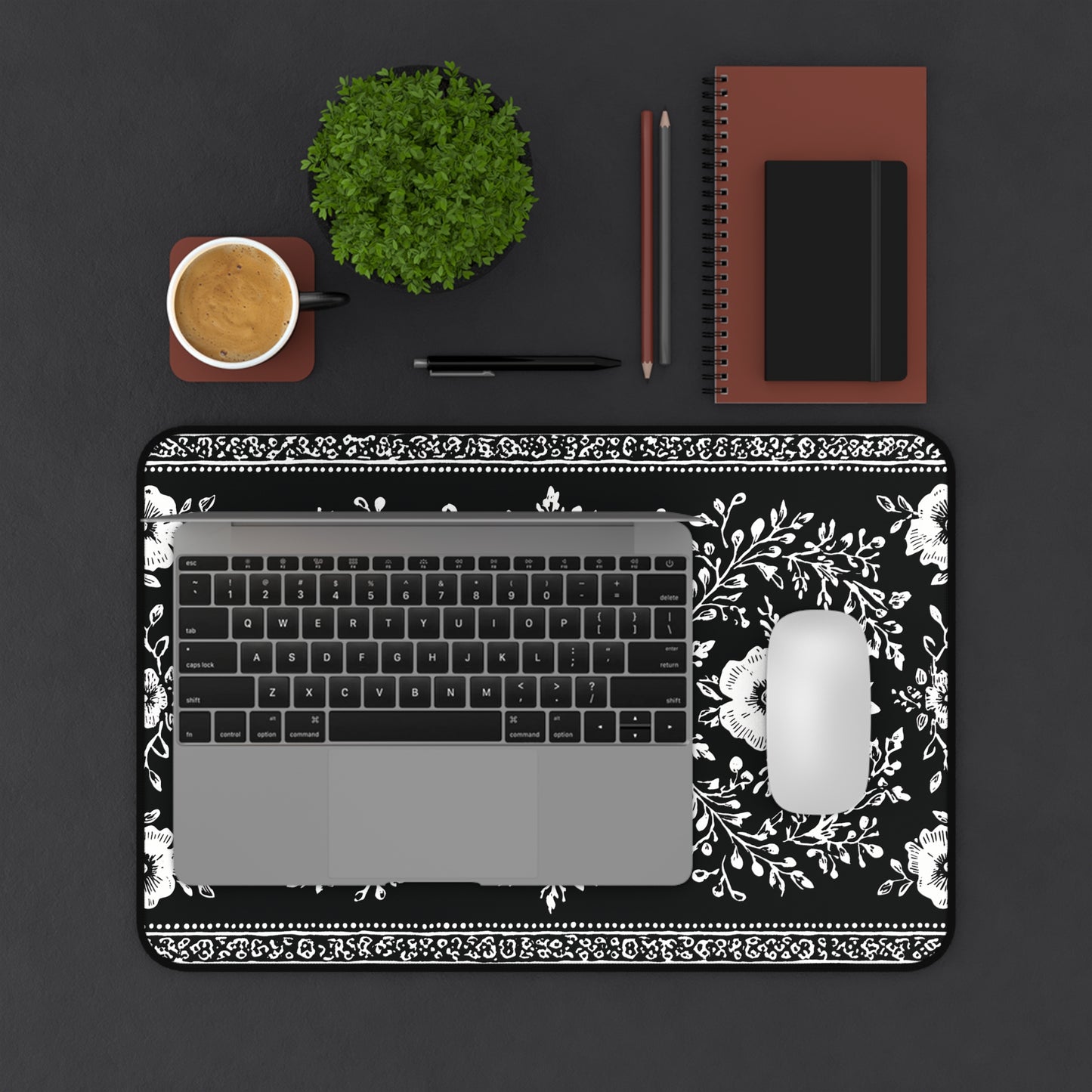 Black Floral Desk Mat: Botanical Folk Art Design