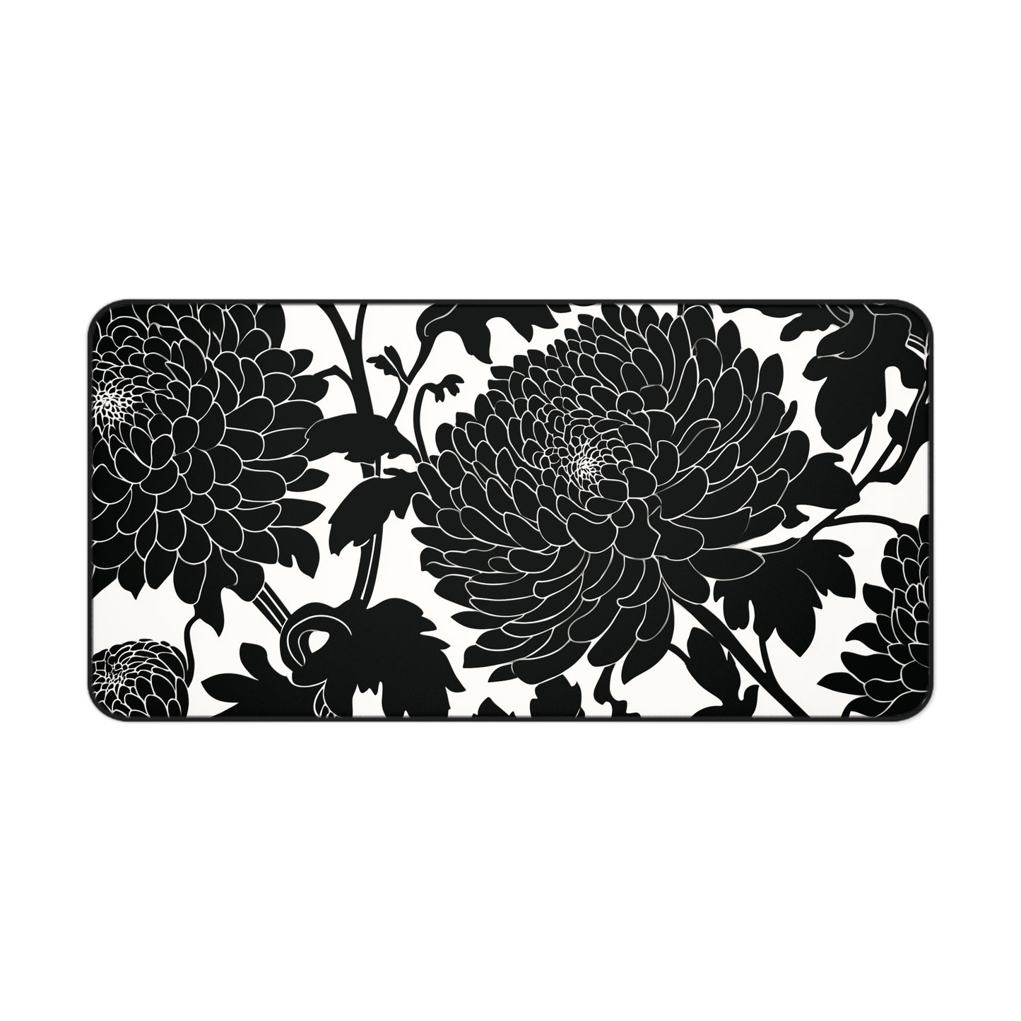 Japanese Chrysanthemum Desk Mat: Elegant Black & White Floral Mouse Pad