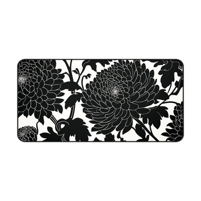 Japanese Chrysanthemum Desk Mat: Elegant Black & White Floral Mouse Pad