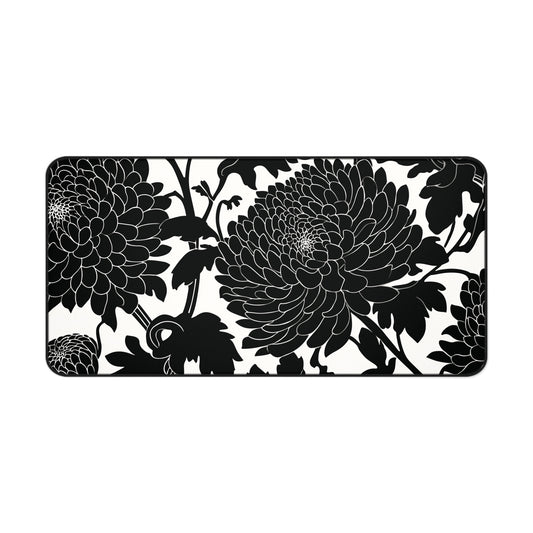 Japanese Chrysanthemum Desk Mat: Elegant Black & White Floral Mouse Pad